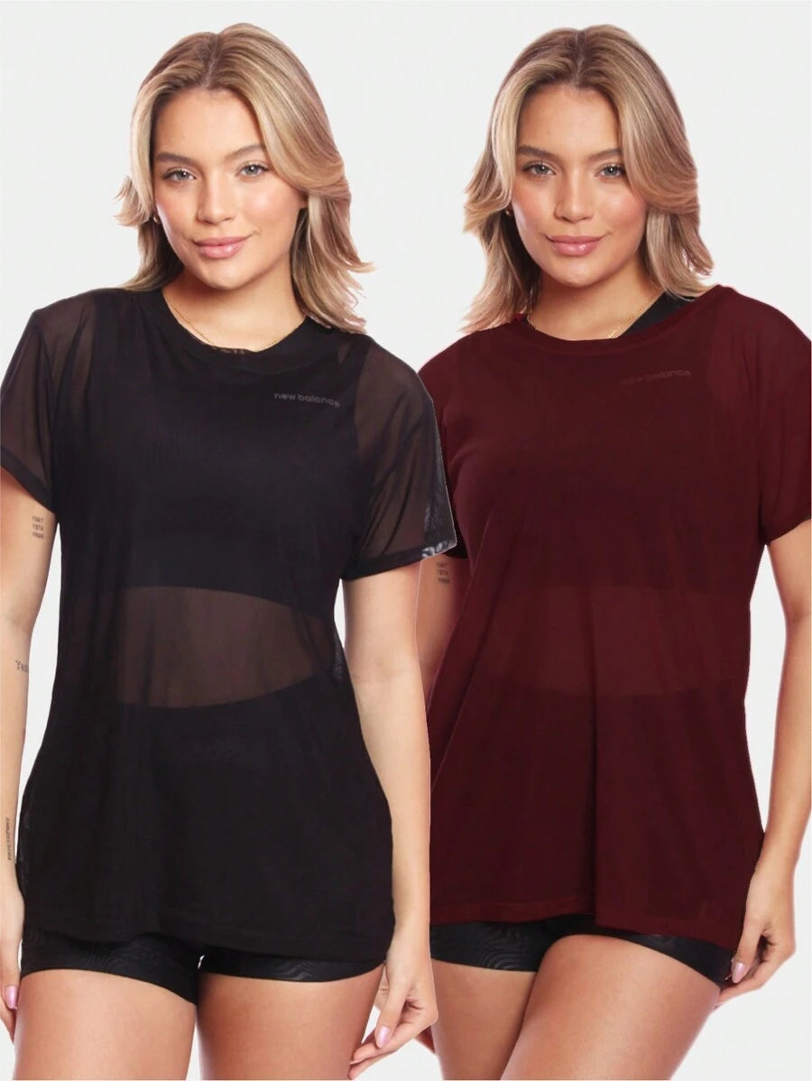 Kit 2 Blusas Manga Curta Blusa Tule Camisa Transparente Treino Academia Fitness