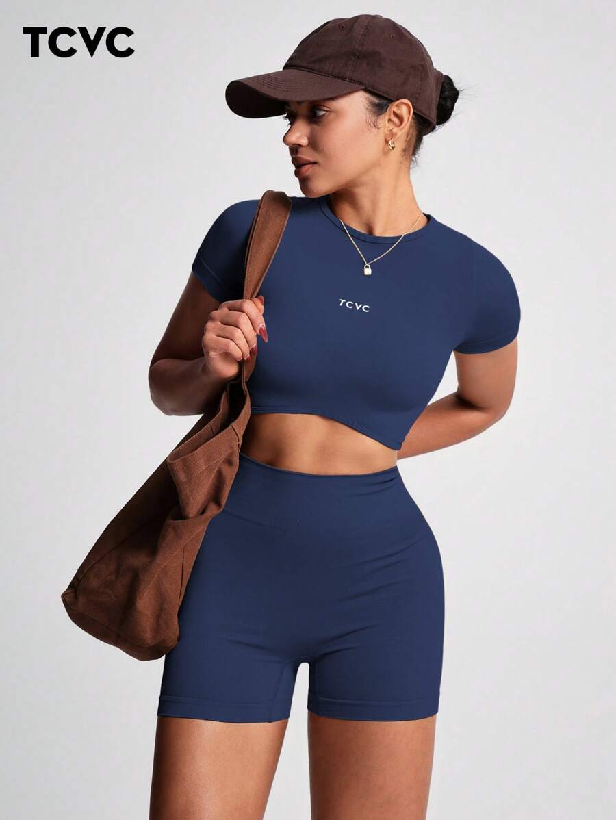 TCVC Conjunto de Camiseta de Manga Curta e Shorts Esportivos de Alta Elasticidade para Mulheres, Gola Redonda Sem Costura, Cintura Alta com Controle da Barriga e Bumbum Empinado, Tecido Amigável à Pele, Modelagem Justa, Versátil e Casual, Adequado para To