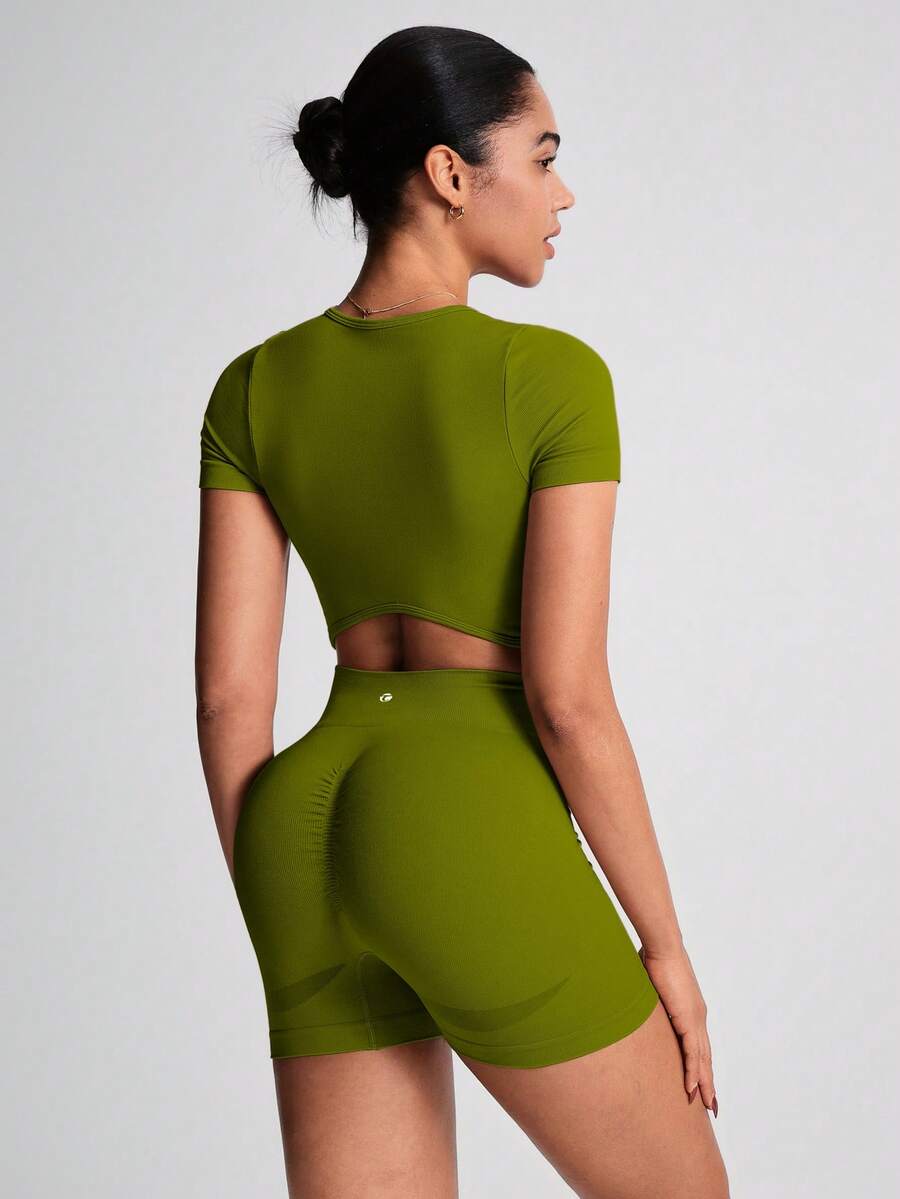 TCVC Conjunto de Camiseta de Manga Curta e Shorts Esportivos de Alta Elasticidade para Mulheres, Gola Redonda Sem Costura, Cintura Alta com Controle da Barriga e Bumbum Empinado, Tecido Amigável à Pele, Modelagem Justa, Versátil e Casual, Adequado para To