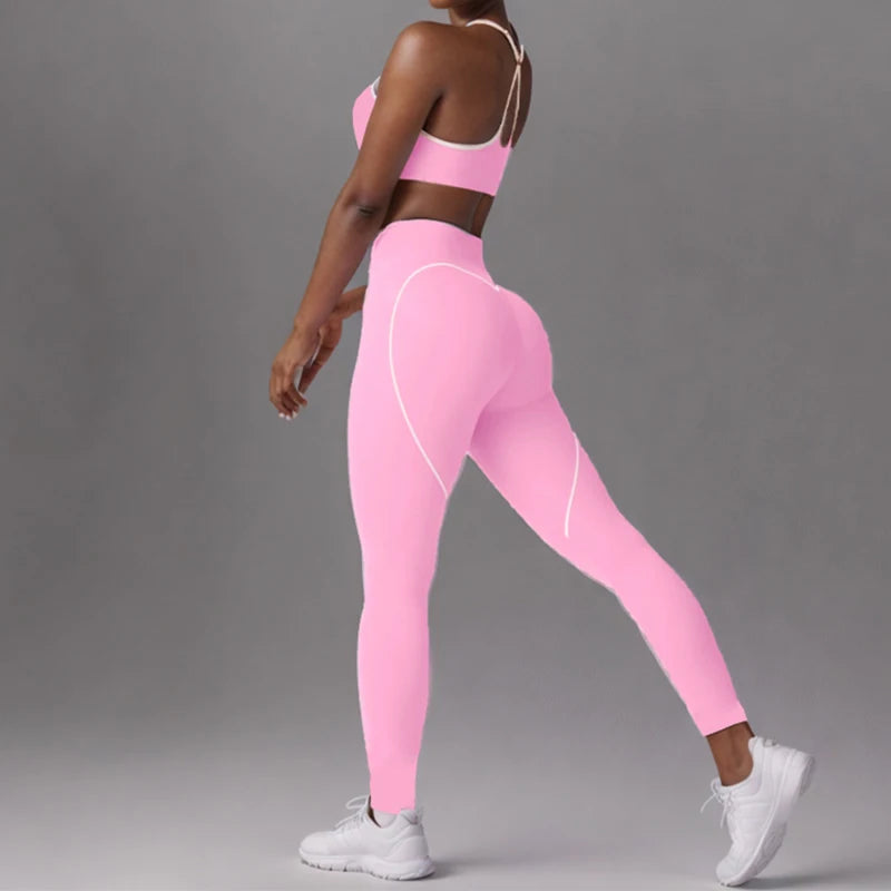 SVEIC Gym Set Contrasting Color Sports Bra Suits Fitness High Waisted Leggings Sportswear Workout Running Training Yoga Clothing