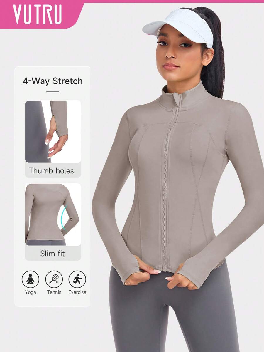 VUTRU 1 Peça Jaqueta Esportiva Feminina com Furo para o Polegar, Ajuste Slim para Corrida e Yoga