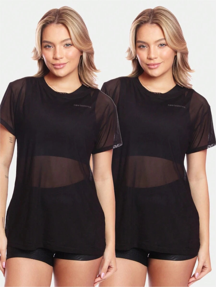 Kit 2 Blusas Manga Curta Blusa Tule Camisa Transparente Treino Academia Fitness