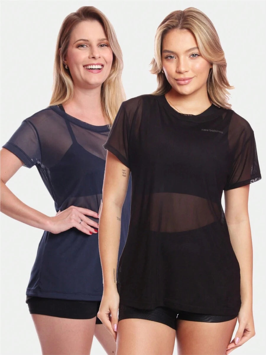 Kit 2 Blusas Manga Curta Blusa Tule Camisa Transparente Treino Academia Fitness