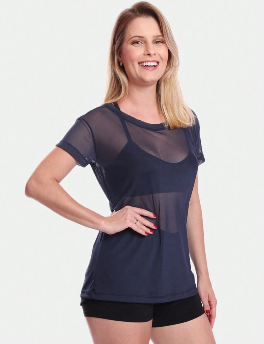 Kit 2 Blusas Manga Curta Blusa Tule Camisa Transparente Treino Academia Fitness