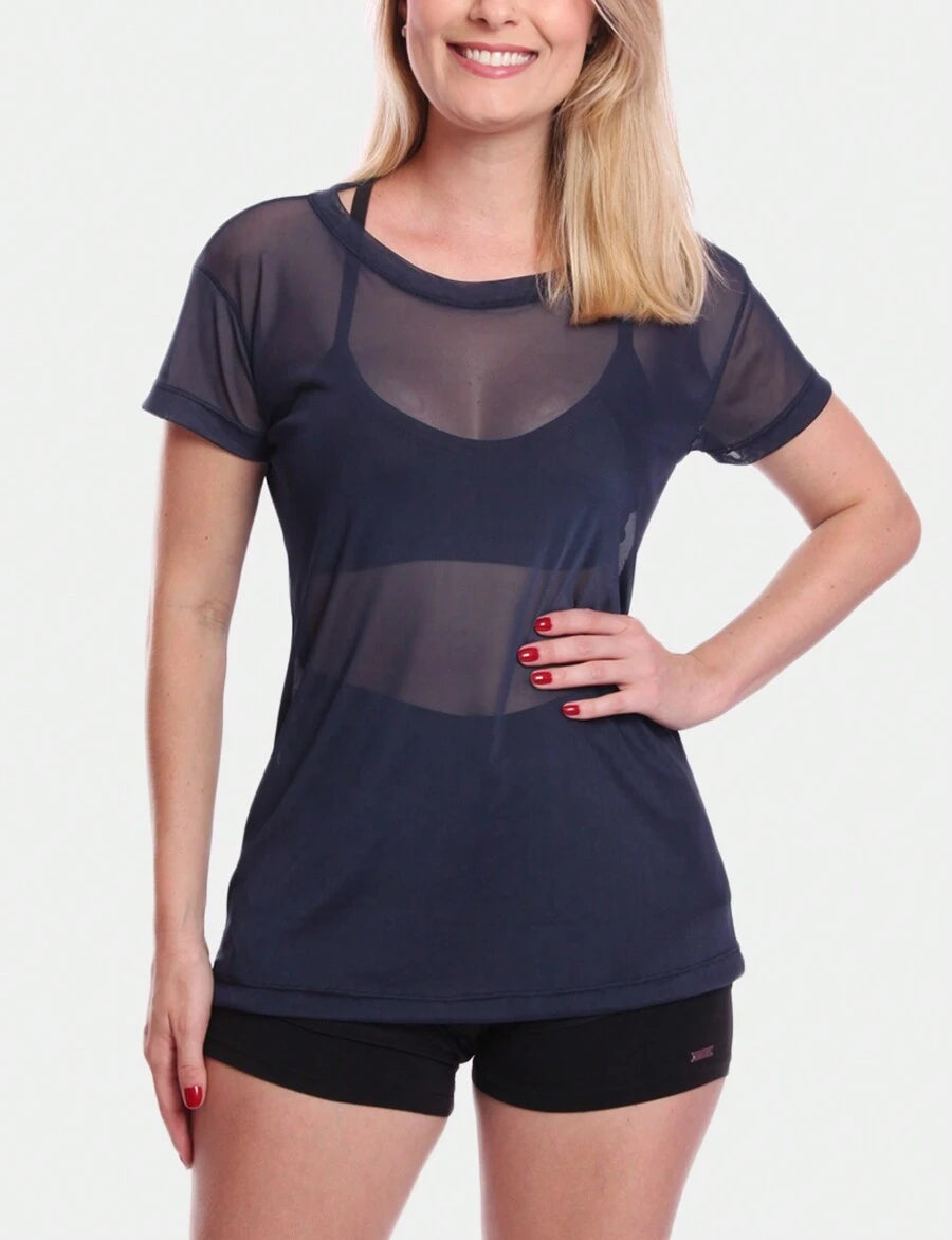Kit 2 Blusas Manga Curta Blusa Tule Camisa Transparente Treino Academia Fitness