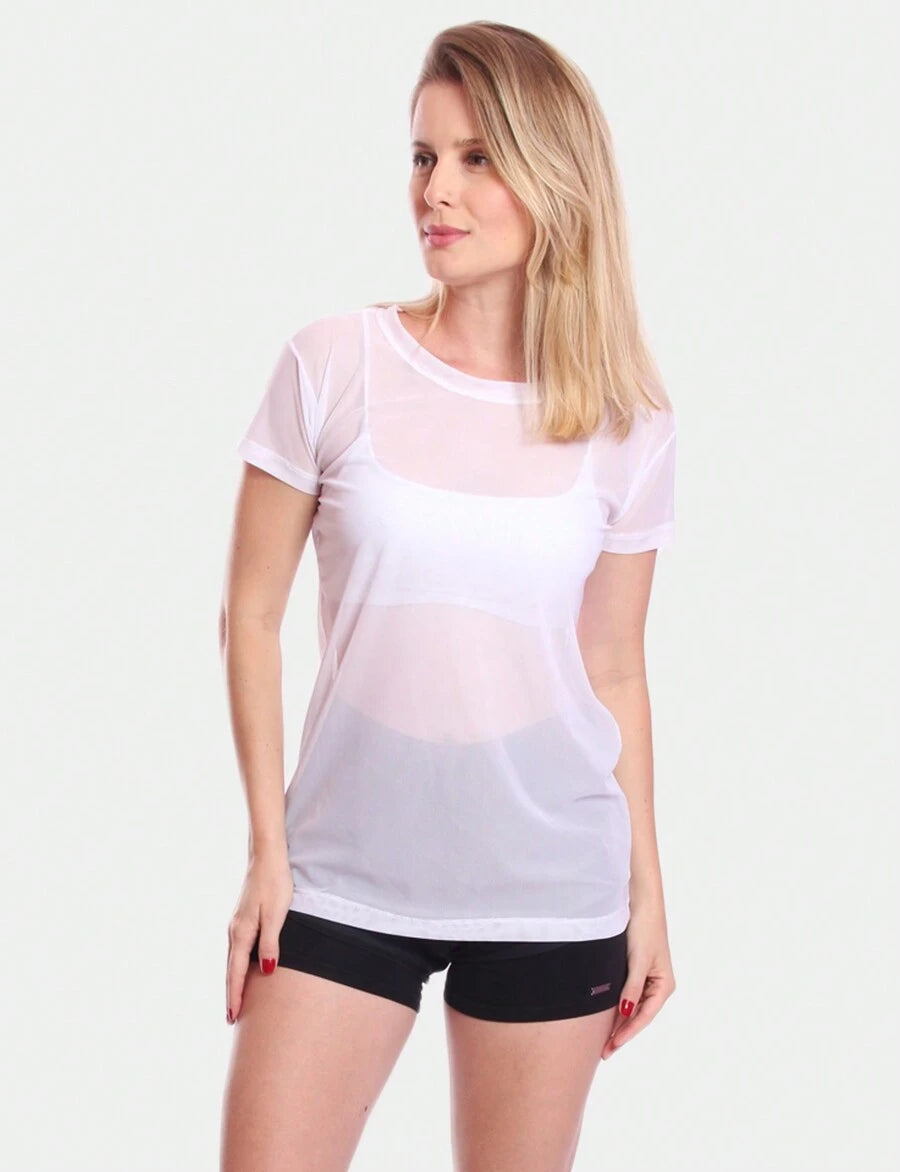 Kit 2 Blusas Manga Curta Blusa Tule Camisa Transparente Treino Academia Fitness