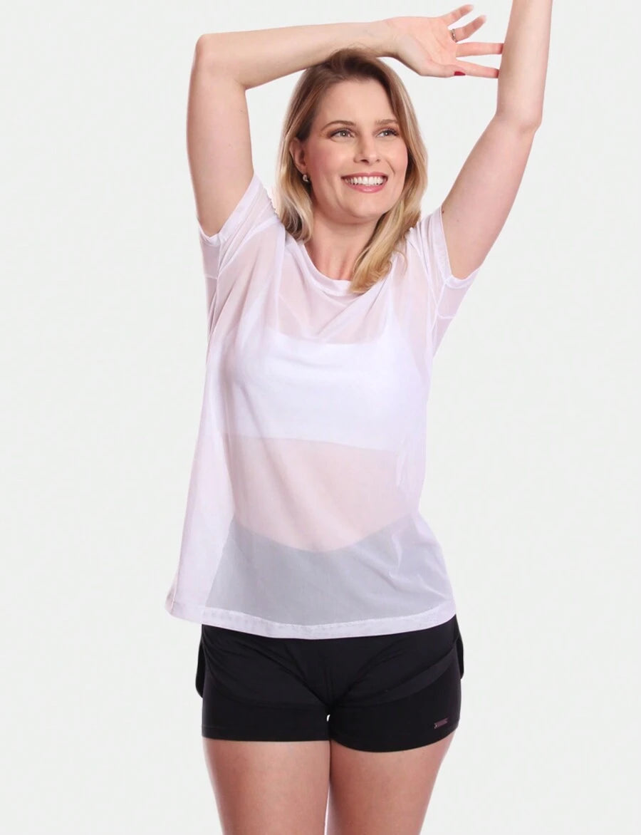 Kit 2 Blusas Manga Curta Blusa Tule Camisa Transparente Treino Academia Fitness