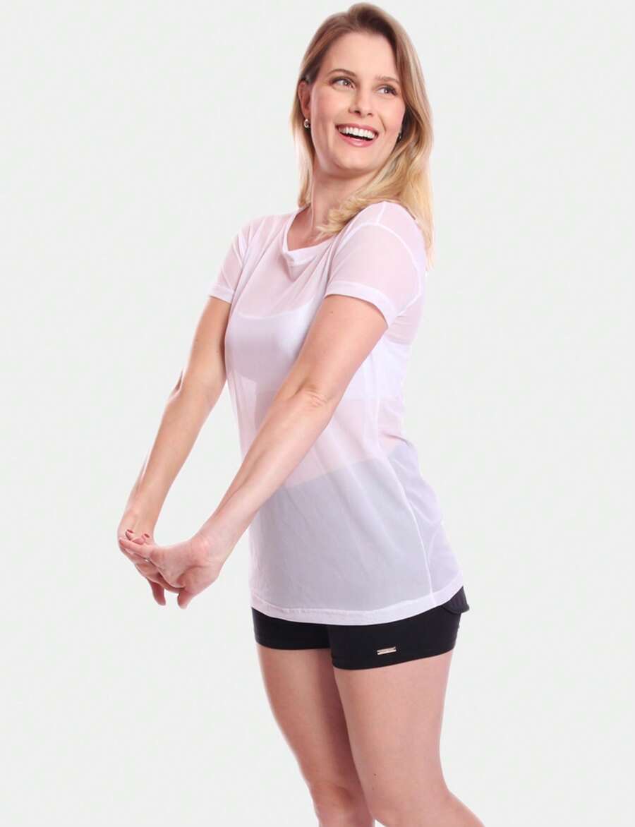 Kit 2 Blusas Manga Curta Blusa Tule Camisa Transparente Treino Academia Fitness