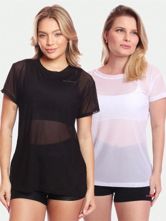 Kit 2 Blusas Manga Curta Blusa Tule Camisa Transparente Treino Academia Fitness
