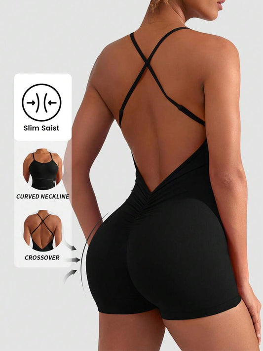 Yefecy 1 Peça Macaquinho Esportivo Sólido Básico de Ioga, Macacão Esportivo de Moda Cor Sólida, Macaquinho de Ioga de Alta Elasticidade, Macaquinho de Ioga Sexy com Decote Nas Costas, Modelador de Bumbum, Primavera e Verão