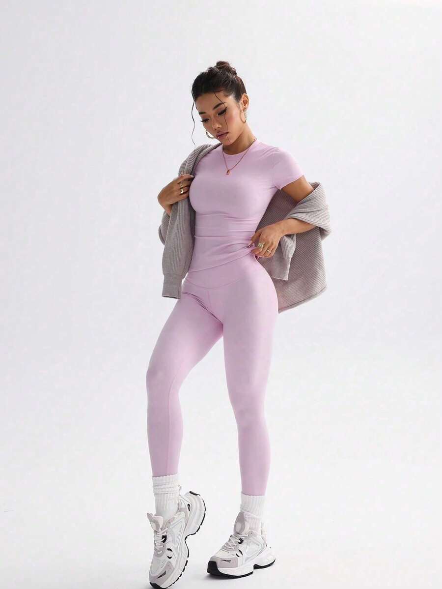 FWH Conjunto de Duas Peças Elegante e Básico para o Dia a Dia, com Top Sólido Fofo e Versátil, Cintura Alta, Ajustado, Elástico, Decote Redondo, Ideal para Dança, Corrida de Rua, Ioga, Controle da Barriga e Realce das Pernas e Bumbum, Ideal para Campus, F