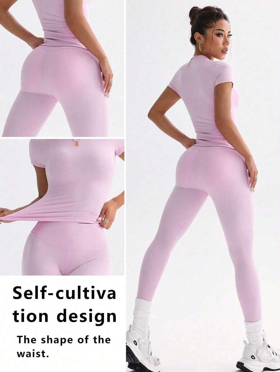 FWH Conjunto de Duas Peças Elegante e Básico para o Dia a Dia, com Top Sólido Fofo e Versátil, Cintura Alta, Ajustado, Elástico, Decote Redondo, Ideal para Dança, Corrida de Rua, Ioga, Controle da Barriga e Realce das Pernas e Bumbum, Ideal para Campus, F