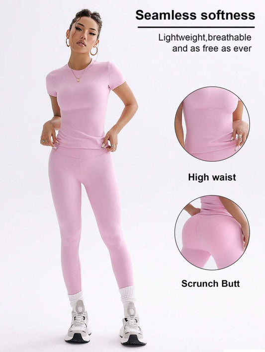 FWH Conjunto de Duas Peças Elegante e Básico para o Dia a Dia, com Top Sólido Fofo e Versátil, Cintura Alta, Ajustado, Elástico, Decote Redondo, Ideal para Dança, Corrida de Rua, Ioga, Controle da Barriga e Realce das Pernas e Bumbum, Ideal para Campus, F