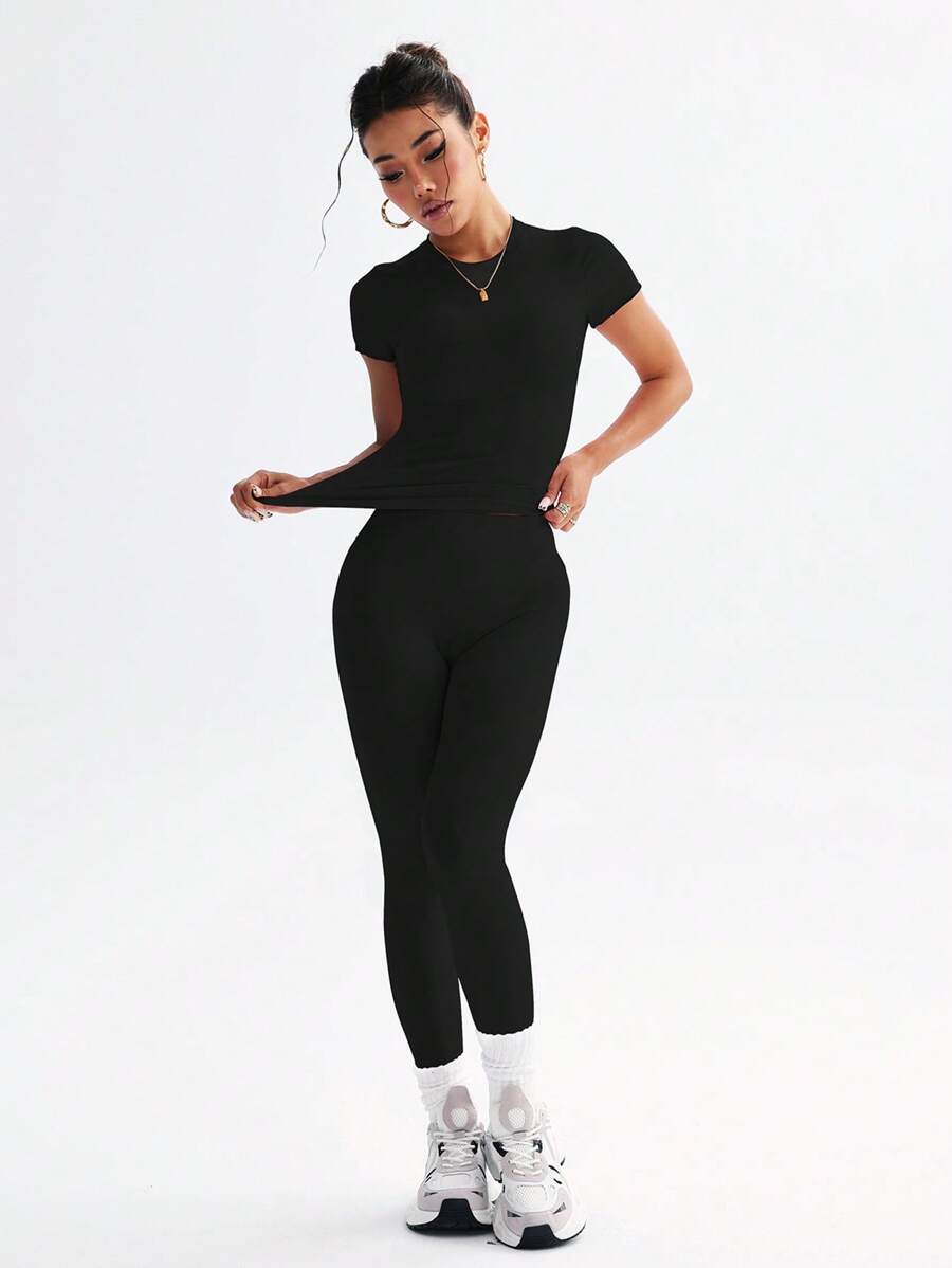 FWH Conjunto de Duas Peças Elegante e Básico para o Dia a Dia, com Top Sólido Fofo e Versátil, Cintura Alta, Ajustado, Elástico, Decote Redondo, Ideal para Dança, Corrida de Rua, Ioga, Controle da Barriga e Realce das Pernas e Bumbum, Ideal para Campus, F