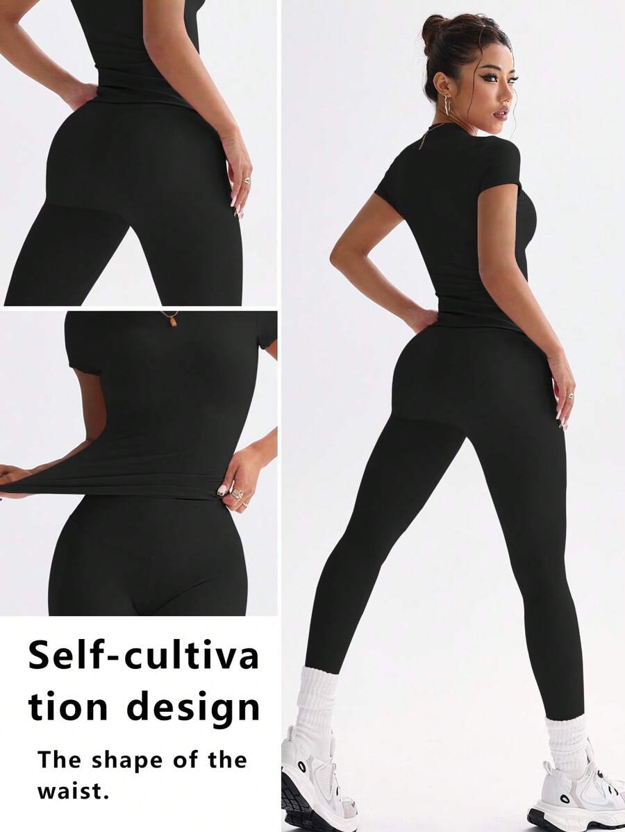 FWH Conjunto de Duas Peças Elegante e Básico para o Dia a Dia, com Top Sólido Fofo e Versátil, Cintura Alta, Ajustado, Elástico, Decote Redondo, Ideal para Dança, Corrida de Rua, Ioga, Controle da Barriga e Realce das Pernas e Bumbum, Ideal para Campus, F