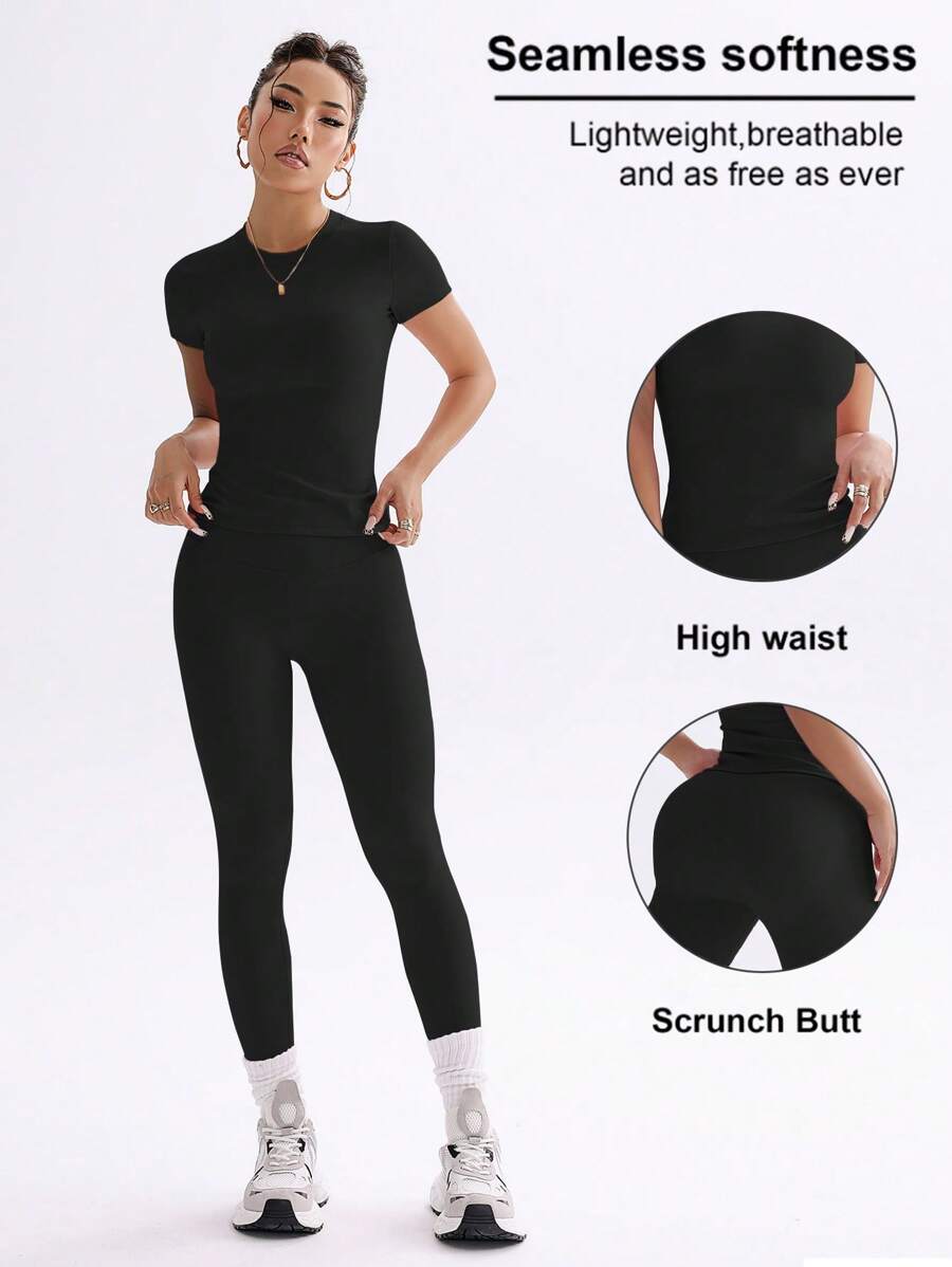 FWH Conjunto de Duas Peças Elegante e Básico para o Dia a Dia, com Top Sólido Fofo e Versátil, Cintura Alta, Ajustado, Elástico, Decote Redondo, Ideal para Dança, Corrida de Rua, Ioga, Controle da Barriga e Realce das Pernas e Bumbum, Ideal para Campus, F