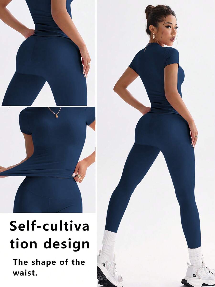 FWH Conjunto de Duas Peças Elegante e Básico para o Dia a Dia, com Top Sólido Fofo e Versátil, Cintura Alta, Ajustado, Elástico, Decote Redondo, Ideal para Dança, Corrida de Rua, Ioga, Controle da Barriga e Realce das Pernas e Bumbum, Ideal para Campus, F