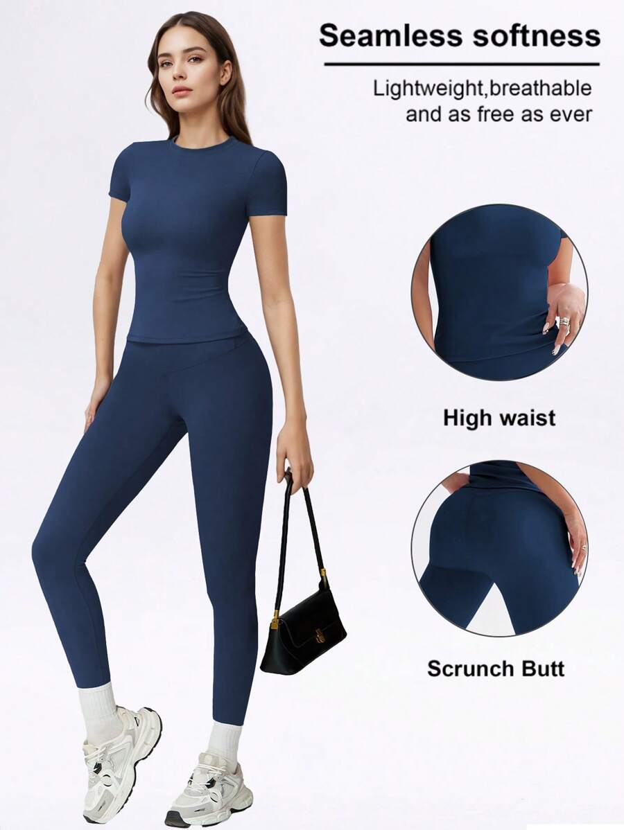 FWH Conjunto de Duas Peças Elegante e Básico para o Dia a Dia, com Top Sólido Fofo e Versátil, Cintura Alta, Ajustado, Elástico, Decote Redondo, Ideal para Dança, Corrida de Rua, Ioga, Controle da Barriga e Realce das Pernas e Bumbum, Ideal para Campus, F