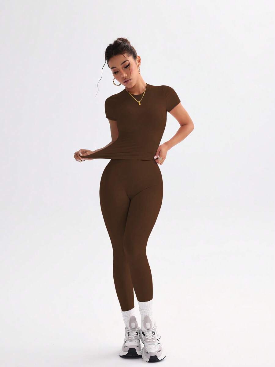FWH Conjunto de Duas Peças Elegante e Básico para o Dia a Dia, com Top Sólido Fofo e Versátil, Cintura Alta, Ajustado, Elástico, Decote Redondo, Ideal para Dança, Corrida de Rua, Ioga, Controle da Barriga e Realce das Pernas e Bumbum, Ideal para Campus, F