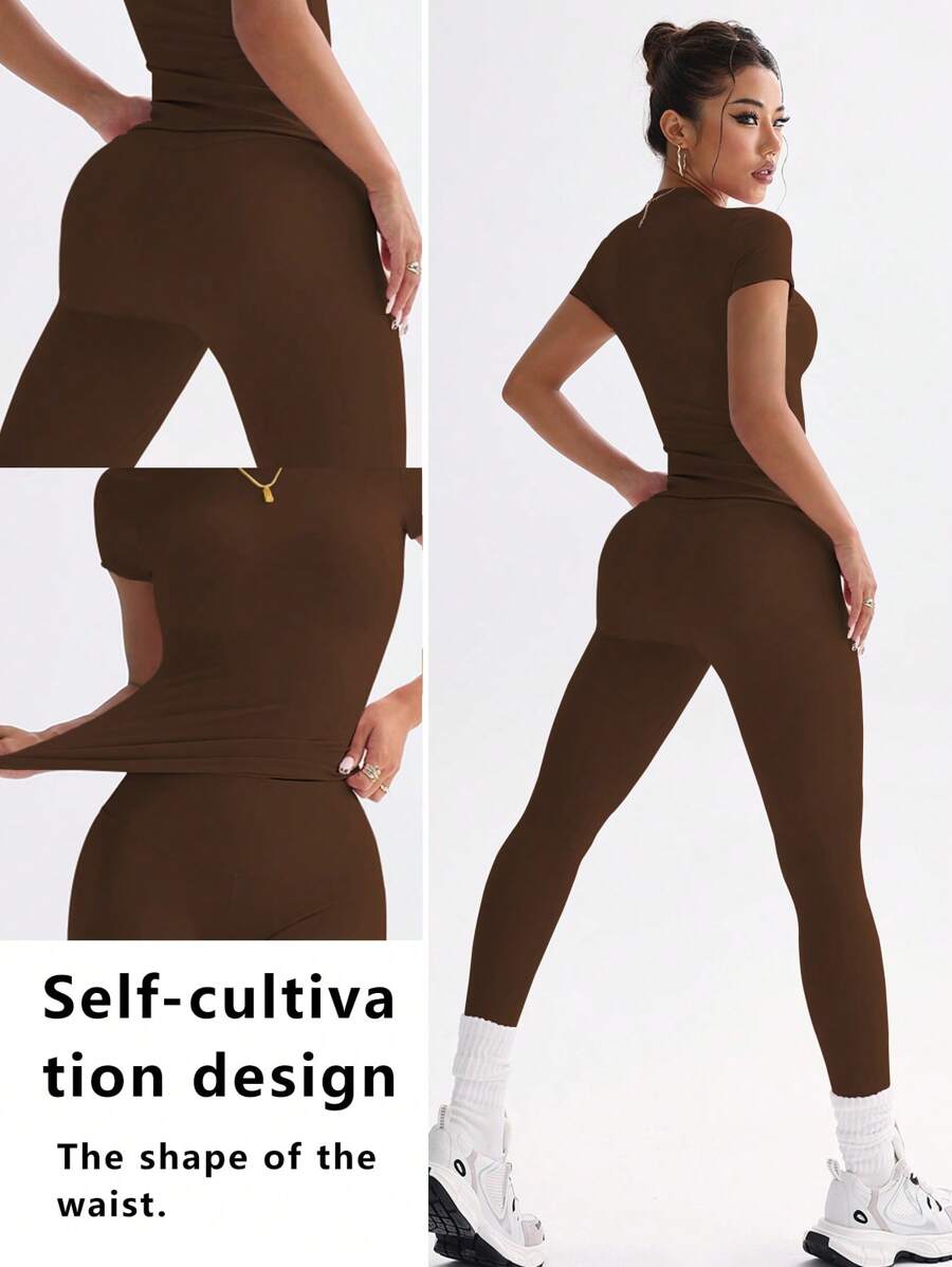 FWH Conjunto de Duas Peças Elegante e Básico para o Dia a Dia, com Top Sólido Fofo e Versátil, Cintura Alta, Ajustado, Elástico, Decote Redondo, Ideal para Dança, Corrida de Rua, Ioga, Controle da Barriga e Realce das Pernas e Bumbum, Ideal para Campus, F