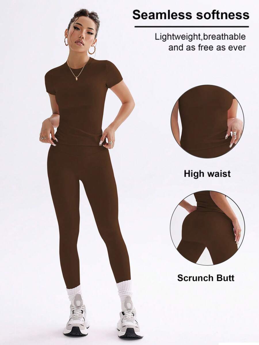 FWH Conjunto de Duas Peças Elegante e Básico para o Dia a Dia, com Top Sólido Fofo e Versátil, Cintura Alta, Ajustado, Elástico, Decote Redondo, Ideal para Dança, Corrida de Rua, Ioga, Controle da Barriga e Realce das Pernas e Bumbum, Ideal para Campus, F