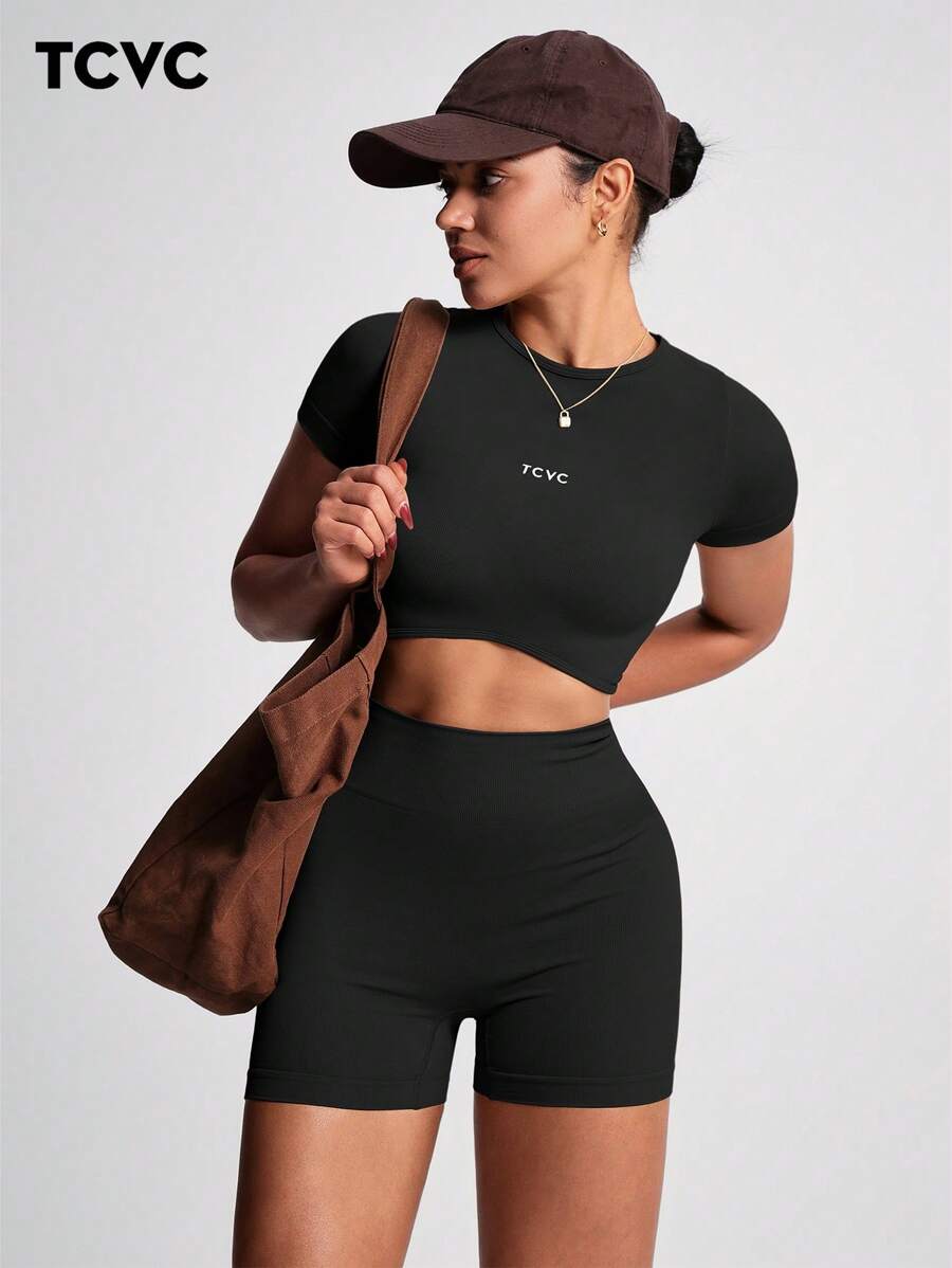 TCVC Conjunto de Camiseta de Manga Curta e Shorts Esportivos de Alta Elasticidade para Mulheres, Gola Redonda Sem Costura, Cintura Alta com Controle da Barriga e Bumbum Empinado, Tecido Amigável à Pele, Modelagem Justa, Versátil e Casual, Adequado para To