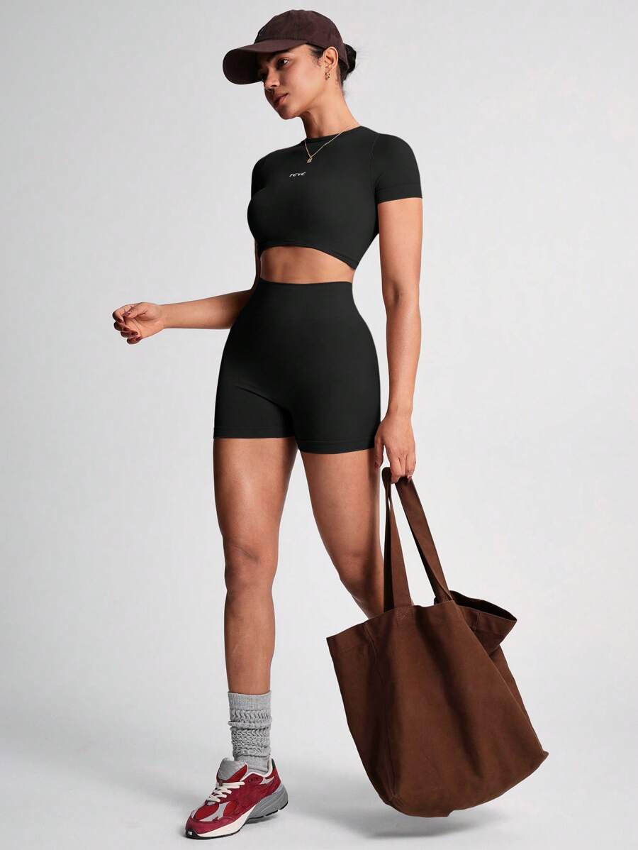 TCVC Conjunto de Camiseta de Manga Curta e Shorts Esportivos de Alta Elasticidade para Mulheres, Gola Redonda Sem Costura, Cintura Alta com Controle da Barriga e Bumbum Empinado, Tecido Amigável à Pele, Modelagem Justa, Versátil e Casual, Adequado para To