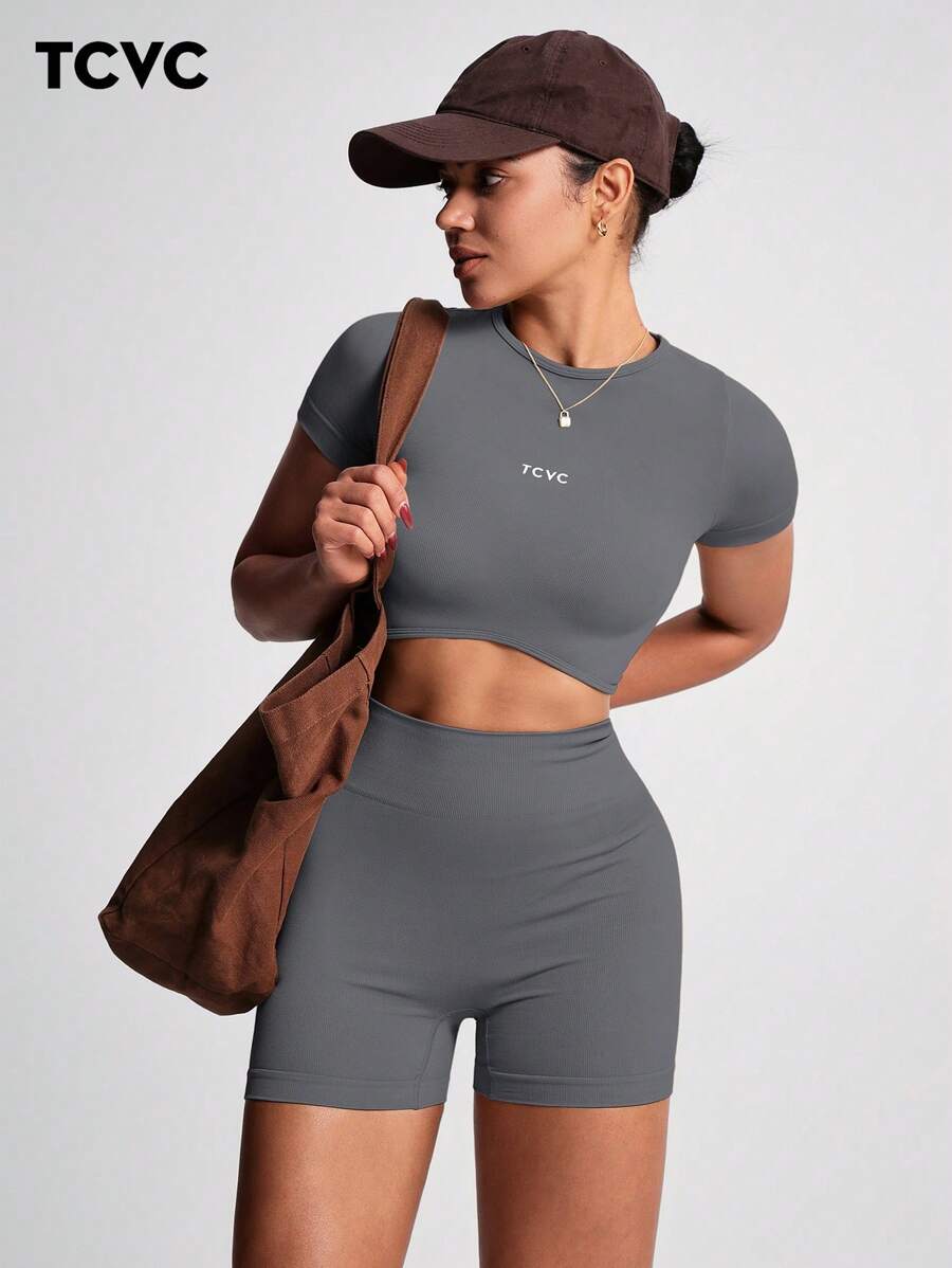 TCVC Conjunto de Camiseta de Manga Curta e Shorts Esportivos de Alta Elasticidade para Mulheres, Gola Redonda Sem Costura, Cintura Alta com Controle da Barriga e Bumbum Empinado, Tecido Amigável à Pele, Modelagem Justa, Versátil e Casual, Adequado para To
