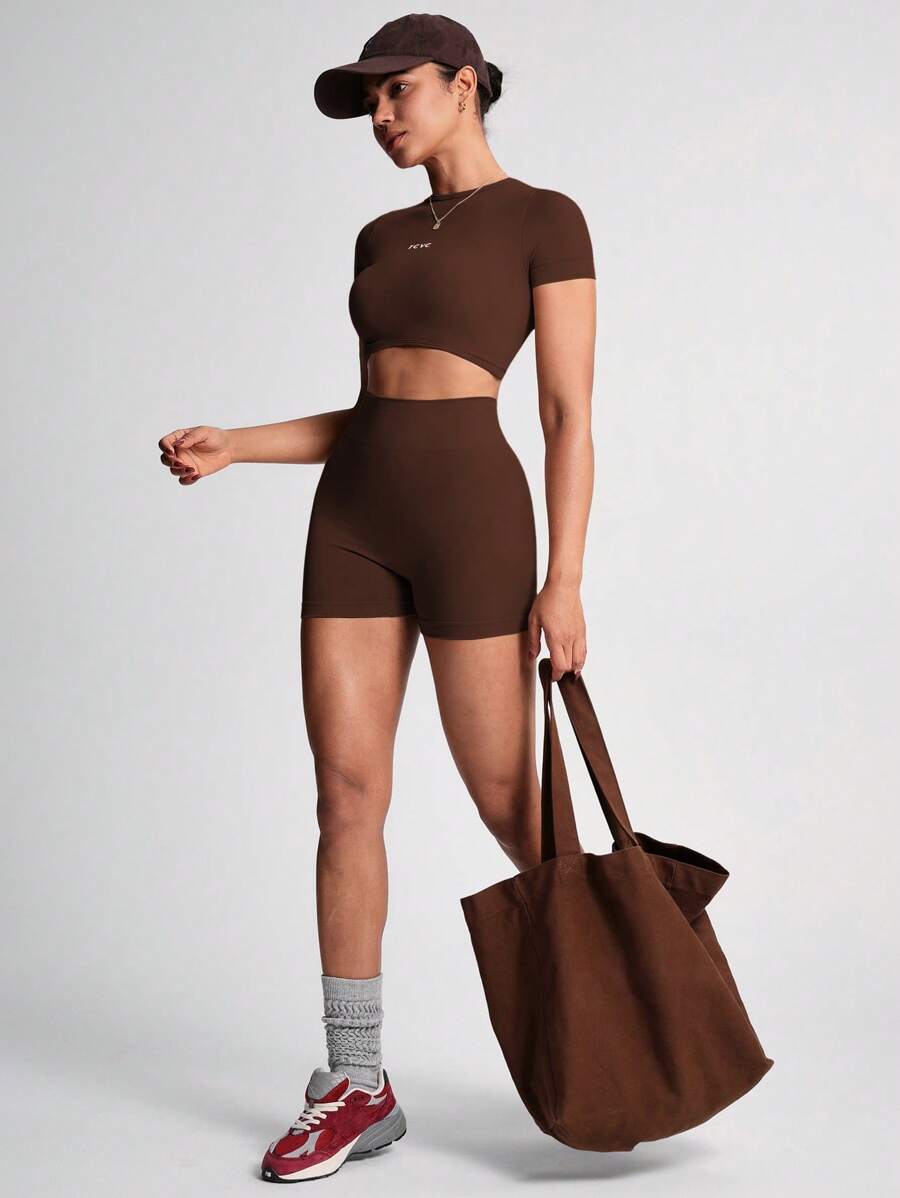 TCVC Conjunto de Camiseta de Manga Curta e Shorts Esportivos de Alta Elasticidade para Mulheres, Gola Redonda Sem Costura, Cintura Alta com Controle da Barriga e Bumbum Empinado, Tecido Amigável à Pele, Modelagem Justa, Versátil e Casual, Adequado para To