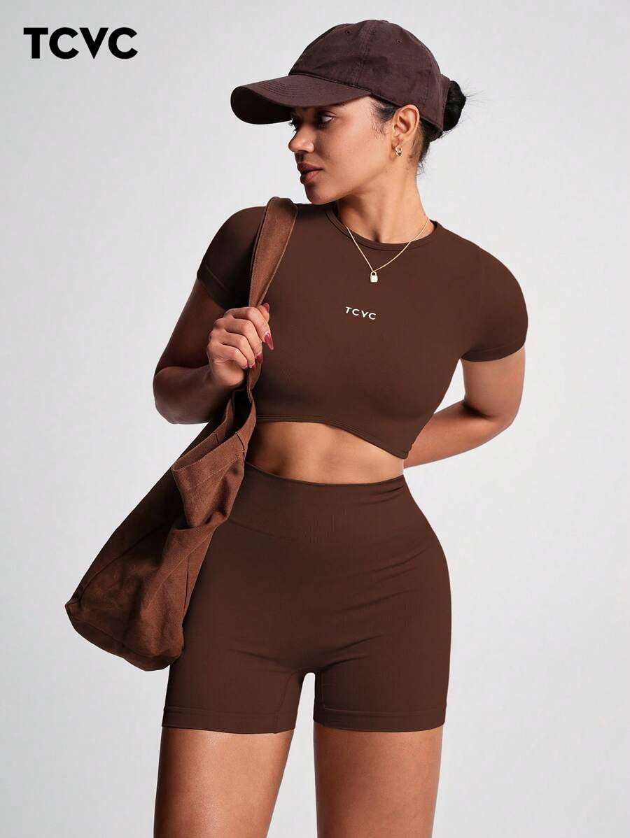 TCVC Conjunto de Camiseta de Manga Curta e Shorts Esportivos de Alta Elasticidade para Mulheres, Gola Redonda Sem Costura, Cintura Alta com Controle da Barriga e Bumbum Empinado, Tecido Amigável à Pele, Modelagem Justa, Versátil e Casual, Adequado para To
