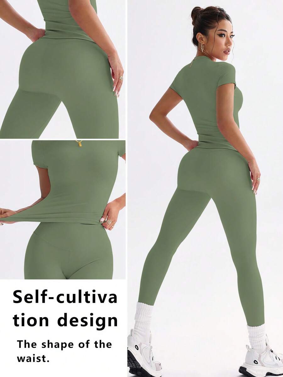 FWH Conjunto de Duas Peças Elegante e Básico para o Dia a Dia, com Top Sólido Fofo e Versátil, Cintura Alta, Ajustado, Elástico, Decote Redondo, Ideal para Dança, Corrida de Rua, Ioga, Controle da Barriga e Realce das Pernas e Bumbum, Ideal para Campus, F
