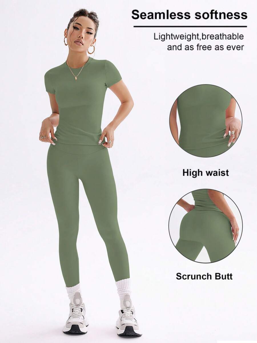 FWH Conjunto de Duas Peças Elegante e Básico para o Dia a Dia, com Top Sólido Fofo e Versátil, Cintura Alta, Ajustado, Elástico, Decote Redondo, Ideal para Dança, Corrida de Rua, Ioga, Controle da Barriga e Realce das Pernas e Bumbum, Ideal para Campus, F