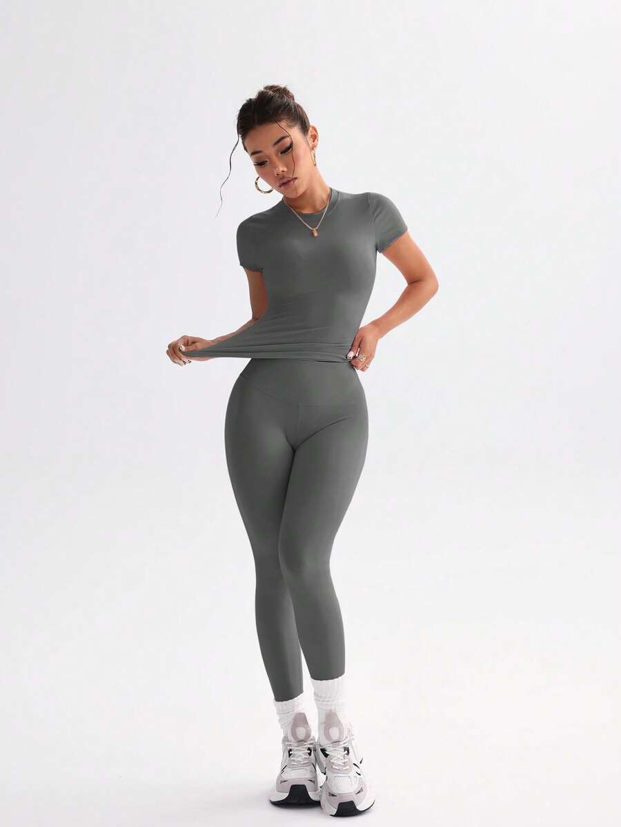 FWH Conjunto de Duas Peças Elegante e Básico para o Dia a Dia, com Top Sólido Fofo e Versátil, Cintura Alta, Ajustado, Elástico, Decote Redondo, Ideal para Dança, Corrida de Rua, Ioga, Controle da Barriga e Realce das Pernas e Bumbum, Ideal para Campus, F