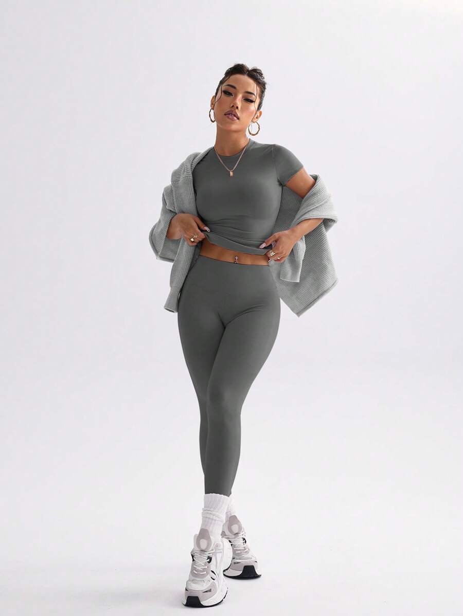 FWH Conjunto de Duas Peças Elegante e Básico para o Dia a Dia, com Top Sólido Fofo e Versátil, Cintura Alta, Ajustado, Elástico, Decote Redondo, Ideal para Dança, Corrida de Rua, Ioga, Controle da Barriga e Realce das Pernas e Bumbum, Ideal para Campus, F