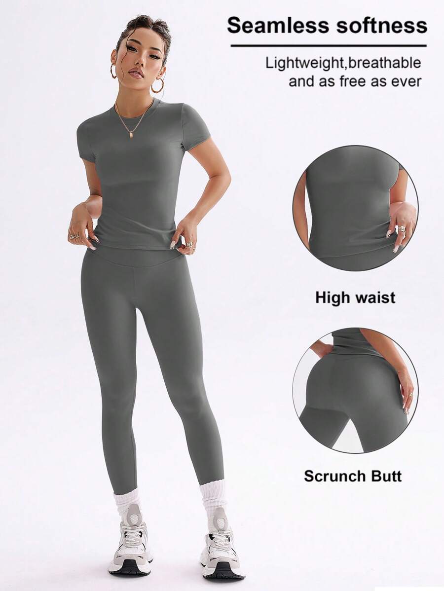 FWH Conjunto de Duas Peças Elegante e Básico para o Dia a Dia, com Top Sólido Fofo e Versátil, Cintura Alta, Ajustado, Elástico, Decote Redondo, Ideal para Dança, Corrida de Rua, Ioga, Controle da Barriga e Realce das Pernas e Bumbum, Ideal para Campus, F