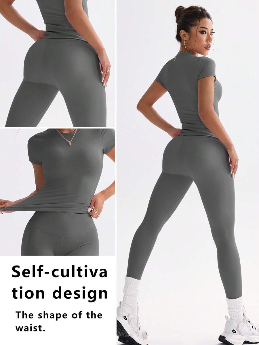 FWH Conjunto de Duas Peças Elegante e Básico para o Dia a Dia, com Top Sólido Fofo e Versátil, Cintura Alta, Ajustado, Elástico, Decote Redondo, Ideal para Dança, Corrida de Rua, Ioga, Controle da Barriga e Realce das Pernas e Bumbum, Ideal para Campus, F