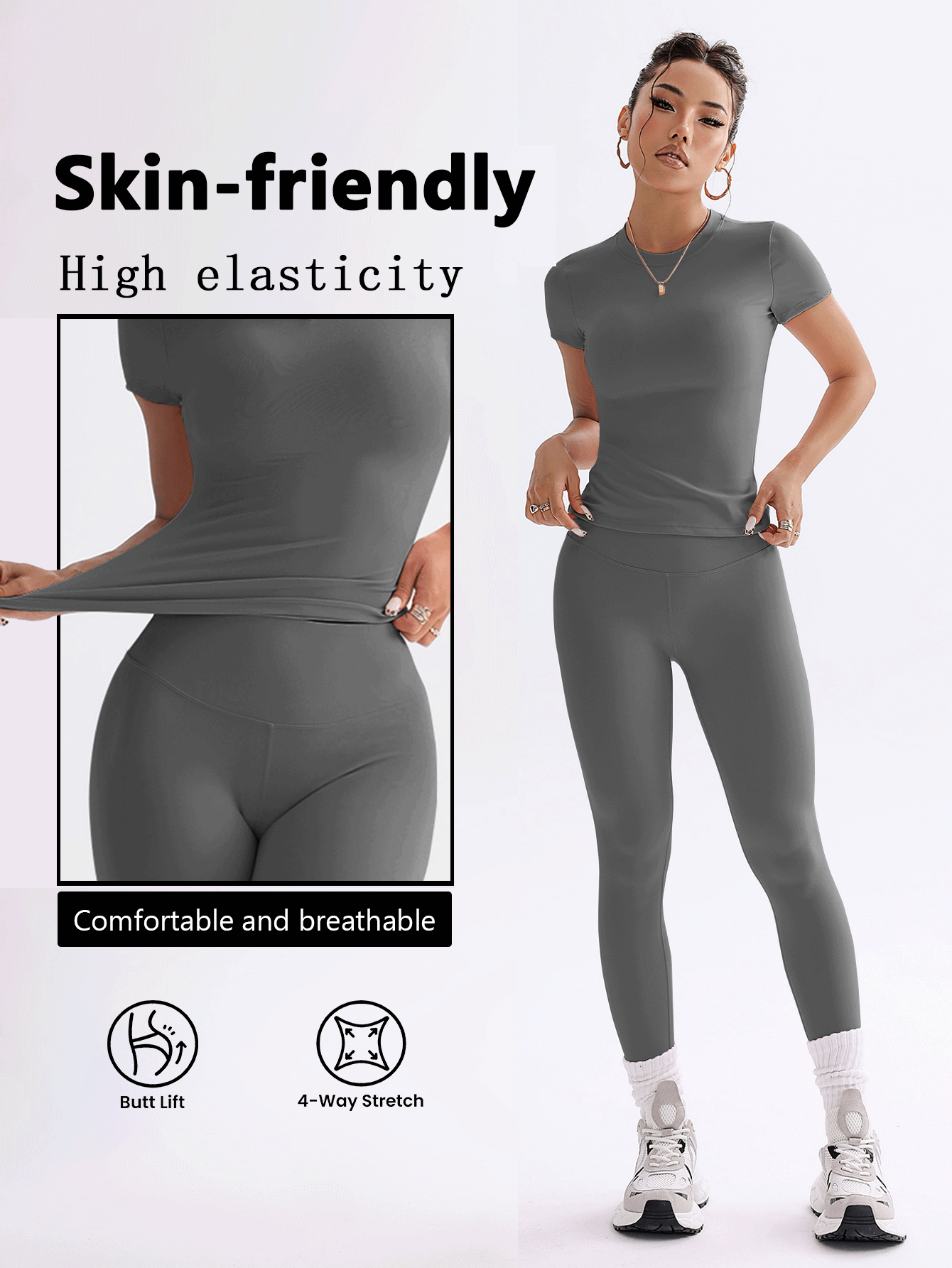 FWH Conjunto de Duas Peças Elegante e Básico para o Dia a Dia, com Top Sólido Fofo e Versátil, Cintura Alta, Ajustado, Elástico, Decote Redondo, Ideal para Dança, Corrida de Rua, Ioga, Controle da Barriga e Realce das Pernas e Bumbum, Ideal para Campus, F