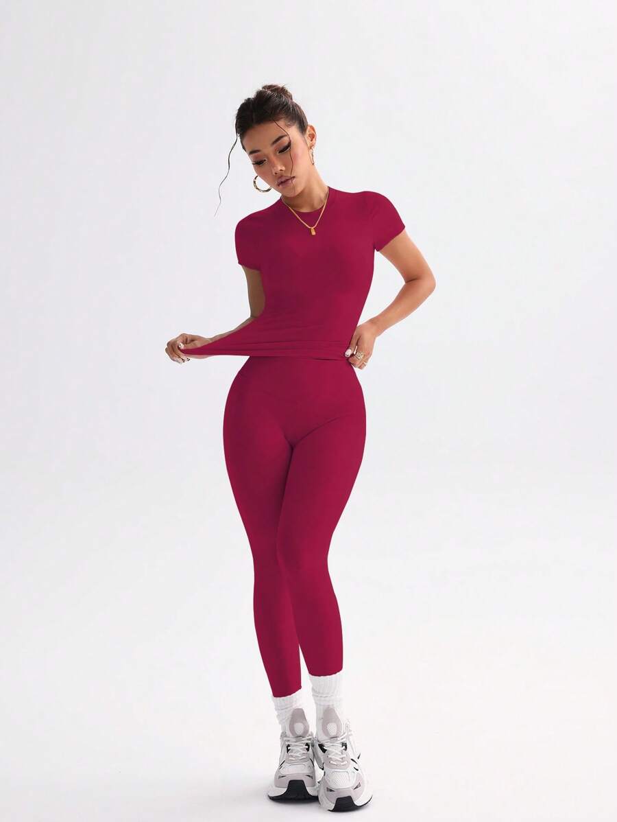 FWH Conjunto de Duas Peças Elegante e Básico para o Dia a Dia, com Top Sólido Fofo e Versátil, Cintura Alta, Ajustado, Elástico, Decote Redondo, Ideal para Dança, Corrida de Rua, Ioga, Controle da Barriga e Realce das Pernas e Bumbum, Ideal para Campus, F