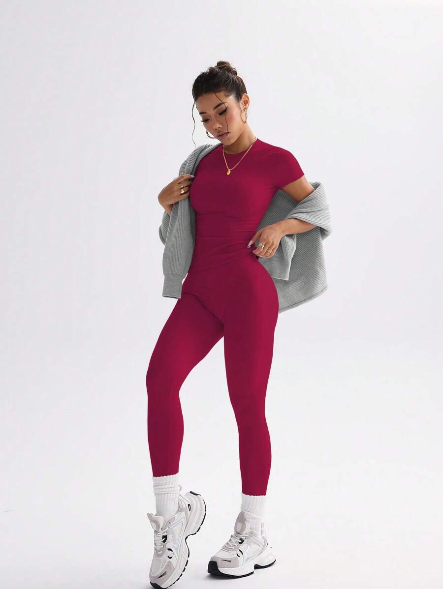 FWH Conjunto de Duas Peças Elegante e Básico para o Dia a Dia, com Top Sólido Fofo e Versátil, Cintura Alta, Ajustado, Elástico, Decote Redondo, Ideal para Dança, Corrida de Rua, Ioga, Controle da Barriga e Realce das Pernas e Bumbum, Ideal para Campus, F