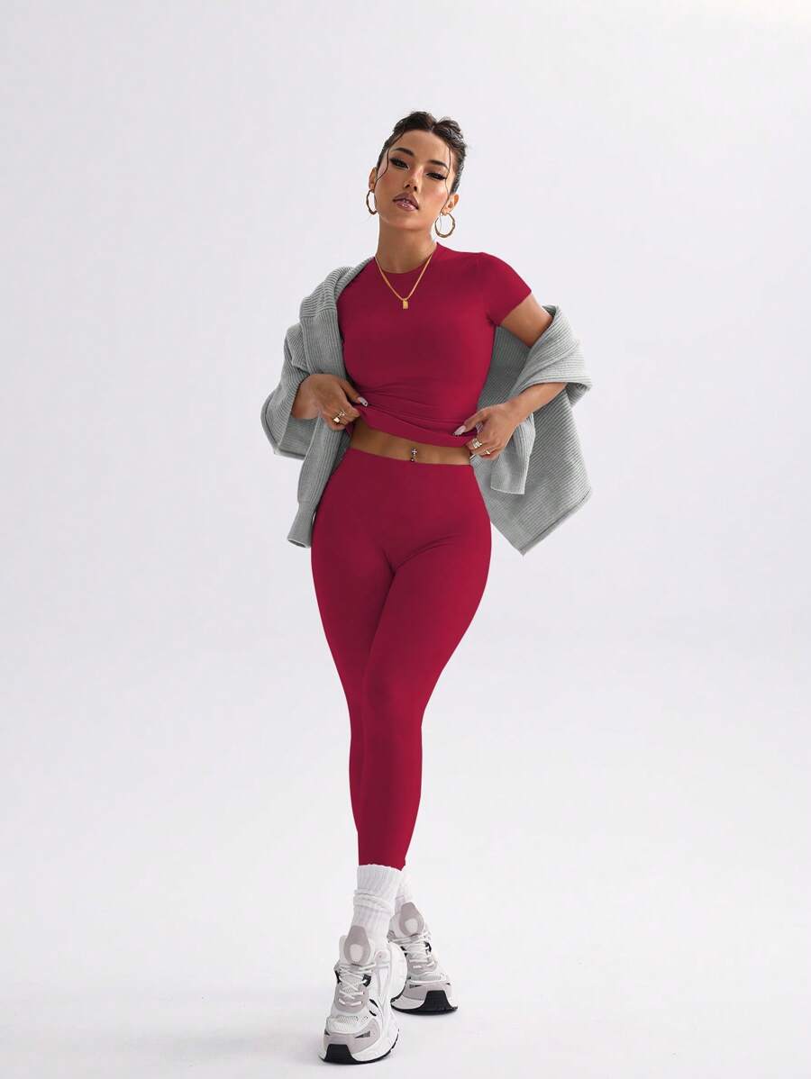 FWH Conjunto de Duas Peças Elegante e Básico para o Dia a Dia, com Top Sólido Fofo e Versátil, Cintura Alta, Ajustado, Elástico, Decote Redondo, Ideal para Dança, Corrida de Rua, Ioga, Controle da Barriga e Realce das Pernas e Bumbum, Ideal para Campus, F