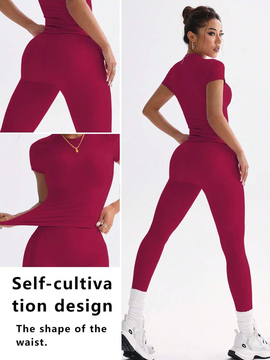 FWH Conjunto de Duas Peças Elegante e Básico para o Dia a Dia, com Top Sólido Fofo e Versátil, Cintura Alta, Ajustado, Elástico, Decote Redondo, Ideal para Dança, Corrida de Rua, Ioga, Controle da Barriga e Realce das Pernas e Bumbum, Ideal para Campus, F