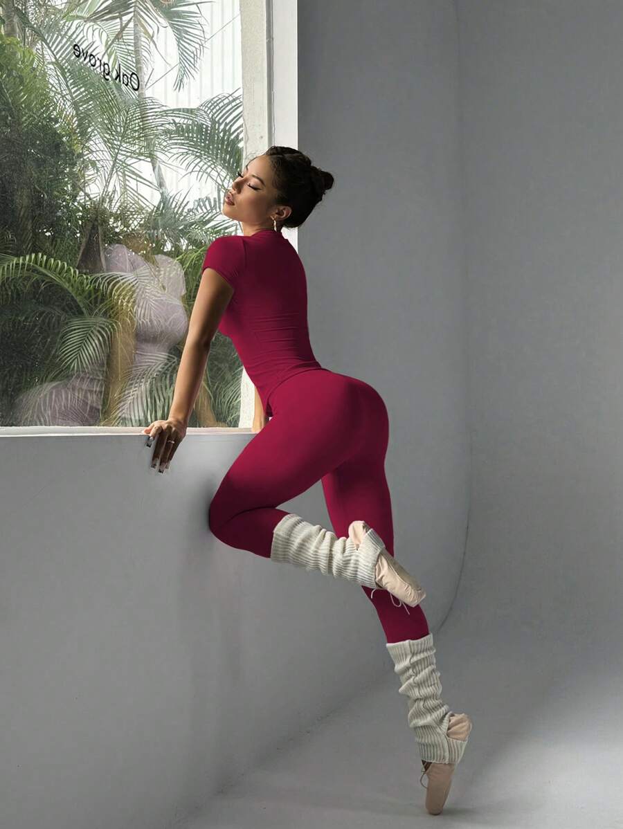 FWH Conjunto de Duas Peças Elegante e Básico para o Dia a Dia, com Top Sólido Fofo e Versátil, Cintura Alta, Ajustado, Elástico, Decote Redondo, Ideal para Dança, Corrida de Rua, Ioga, Controle da Barriga e Realce das Pernas e Bumbum, Ideal para Campus, F