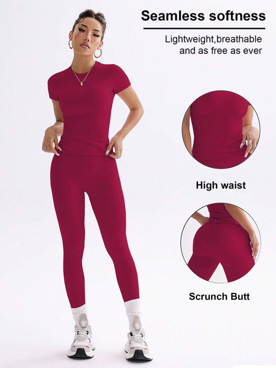 FWH Conjunto de Duas Peças Elegante e Básico para o Dia a Dia, com Top Sólido Fofo e Versátil, Cintura Alta, Ajustado, Elástico, Decote Redondo, Ideal para Dança, Corrida de Rua, Ioga, Controle da Barriga e Realce das Pernas e Bumbum, Ideal para Campus, F