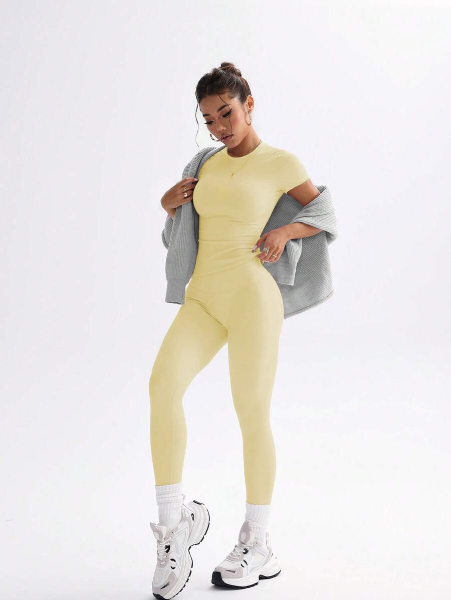 FWH Conjunto de Duas Peças Elegante e Básico para o Dia a Dia, com Top Sólido Fofo e Versátil, Cintura Alta, Ajustado, Elástico, Decote Redondo, Ideal para Dança, Corrida de Rua, Ioga, Controle da Barriga e Realce das Pernas e Bumbum, Ideal para Campus, F