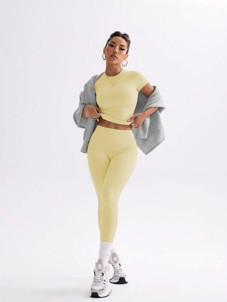 FWH Conjunto de Duas Peças Elegante e Básico para o Dia a Dia, com Top Sólido Fofo e Versátil, Cintura Alta, Ajustado, Elástico, Decote Redondo, Ideal para Dança, Corrida de Rua, Ioga, Controle da Barriga e Realce das Pernas e Bumbum, Ideal para Campus, F