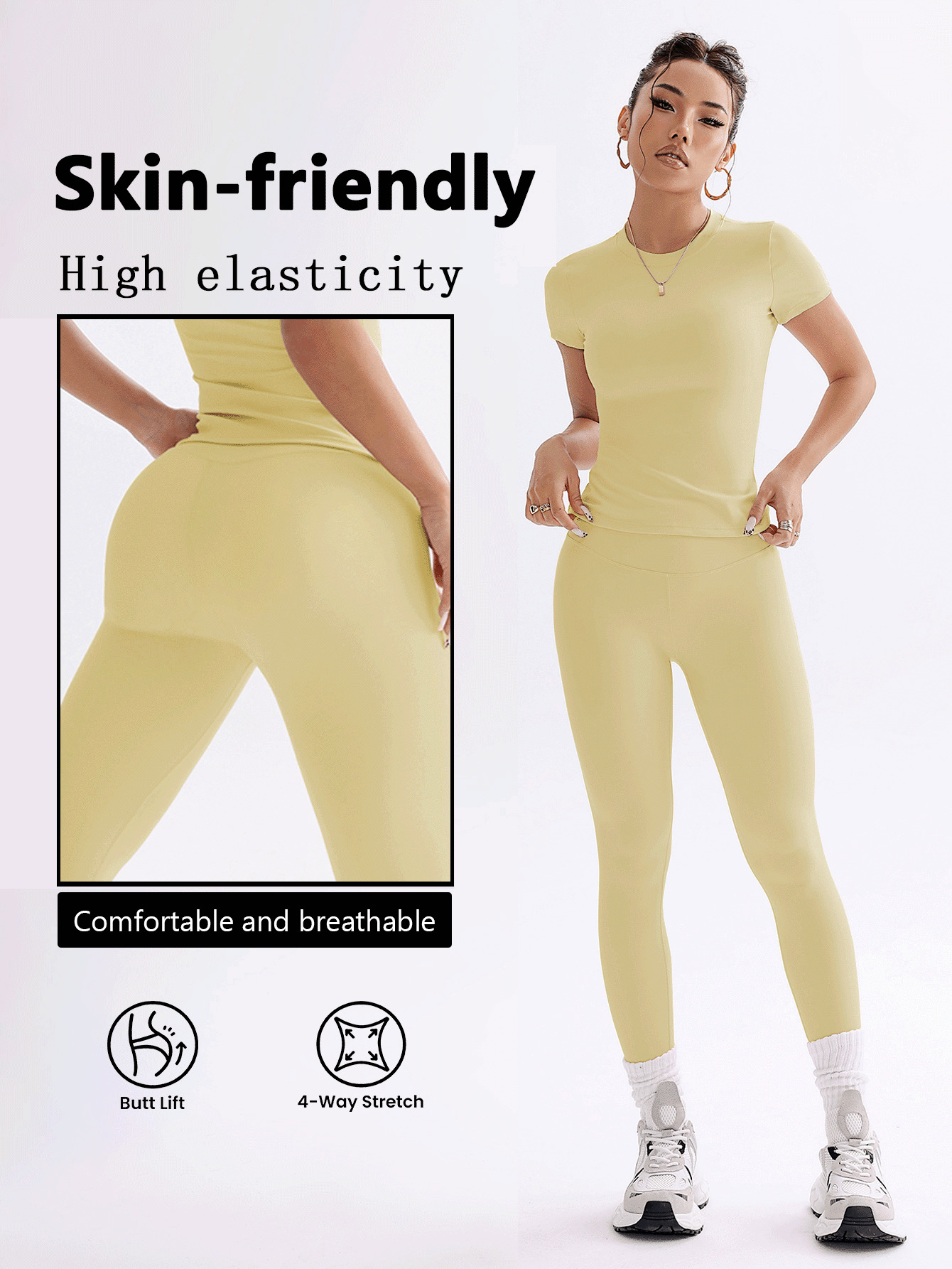 FWH Conjunto de Duas Peças Elegante e Básico para o Dia a Dia, com Top Sólido Fofo e Versátil, Cintura Alta, Ajustado, Elástico, Decote Redondo, Ideal para Dança, Corrida de Rua, Ioga, Controle da Barriga e Realce das Pernas e Bumbum, Ideal para Campus, F