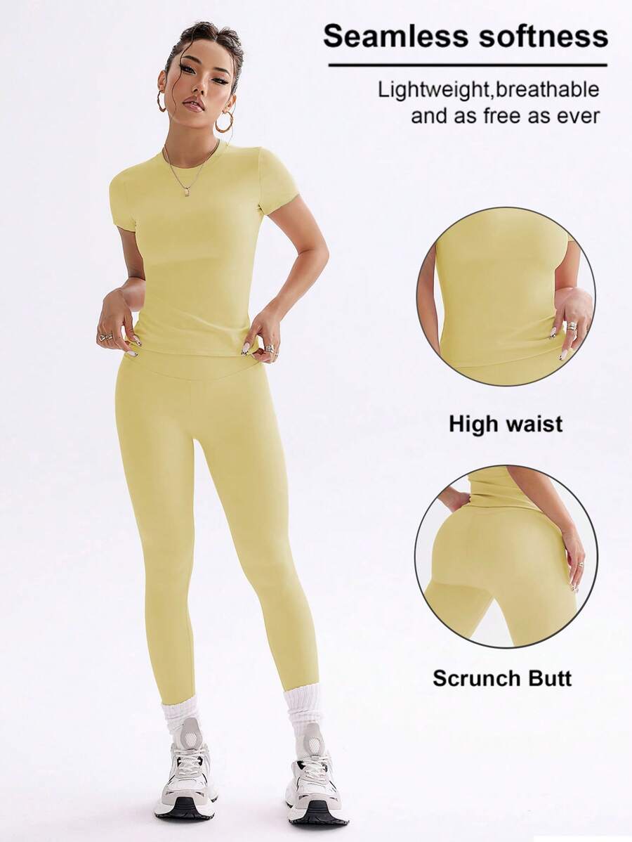 FWH Conjunto de Duas Peças Elegante e Básico para o Dia a Dia, com Top Sólido Fofo e Versátil, Cintura Alta, Ajustado, Elástico, Decote Redondo, Ideal para Dança, Corrida de Rua, Ioga, Controle da Barriga e Realce das Pernas e Bumbum, Ideal para Campus, F