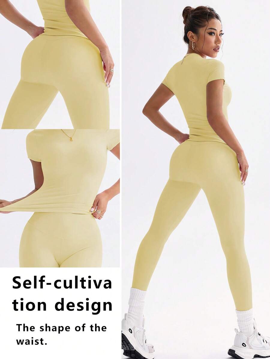 FWH Conjunto de Duas Peças Elegante e Básico para o Dia a Dia, com Top Sólido Fofo e Versátil, Cintura Alta, Ajustado, Elástico, Decote Redondo, Ideal para Dança, Corrida de Rua, Ioga, Controle da Barriga e Realce das Pernas e Bumbum, Ideal para Campus, F