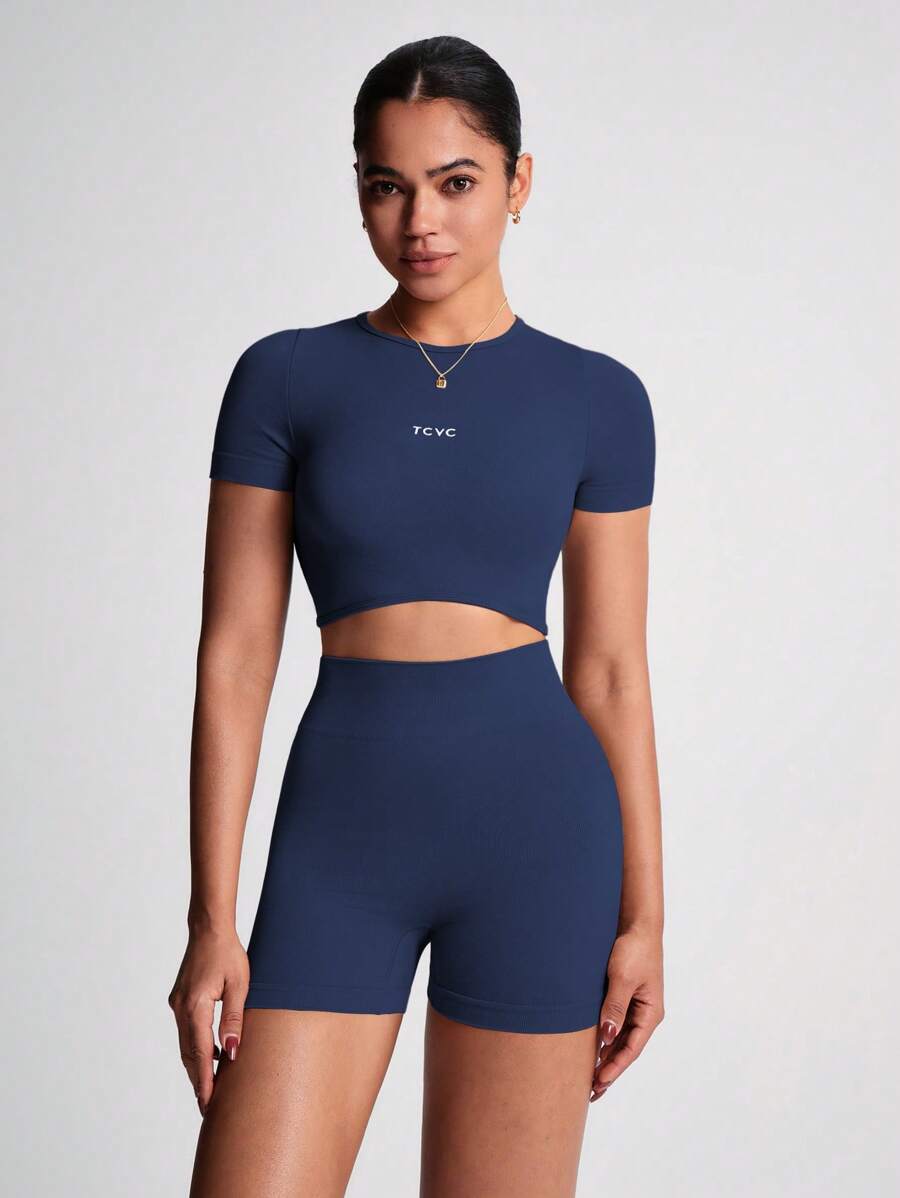 TCVC Conjunto de Camiseta de Manga Curta e Shorts Esportivos de Alta Elasticidade para Mulheres, Gola Redonda Sem Costura, Cintura Alta com Controle da Barriga e Bumbum Empinado, Tecido Amigável à Pele, Modelagem Justa, Versátil e Casual, Adequado para To