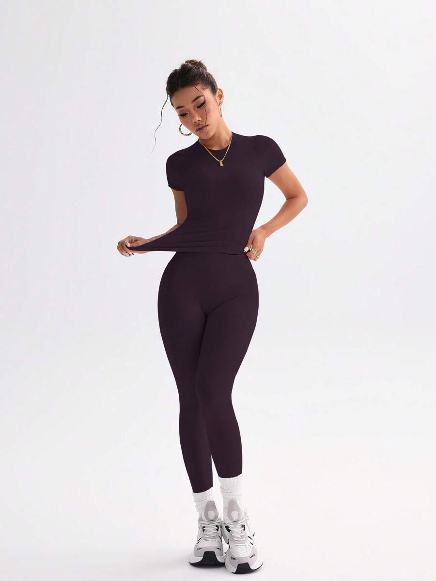 FWH Conjunto de Duas Peças Elegante e Básico para o Dia a Dia, com Top Sólido Fofo e Versátil, Cintura Alta, Ajustado, Elástico, Decote Redondo, Ideal para Dança, Corrida de Rua, Ioga, Controle da Barriga e Realce das Pernas e Bumbum, Ideal para Campus, F